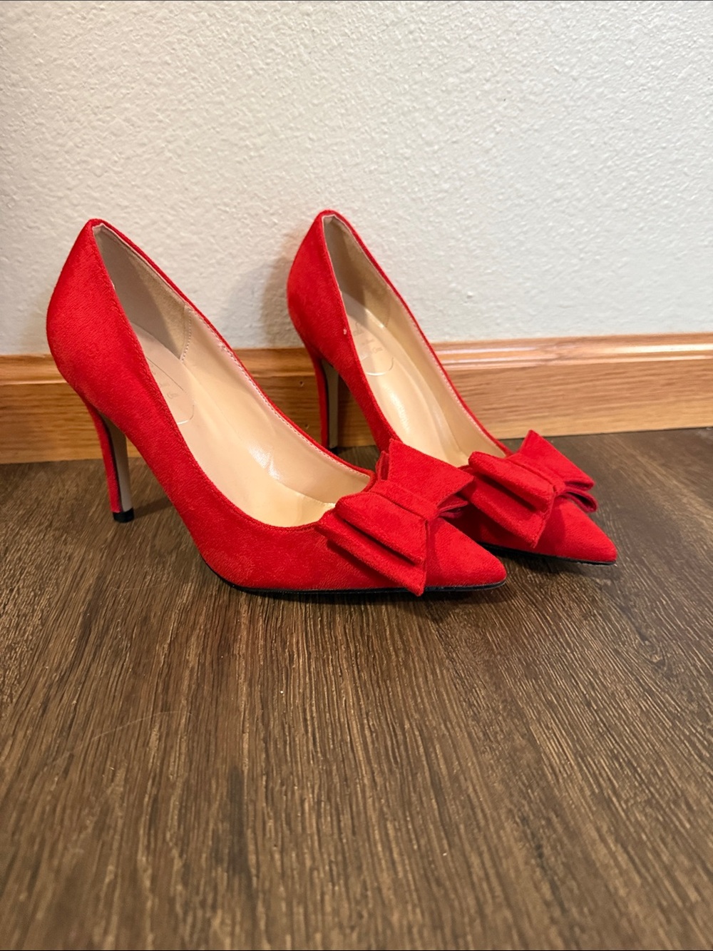 Red Pointed Bow Suede High Heels - Women